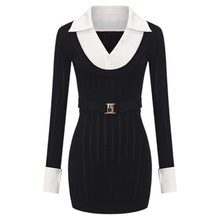 【徐如蓝同款】NanaJacqueline冬新款缎面拼针织假两件针织连衣裙