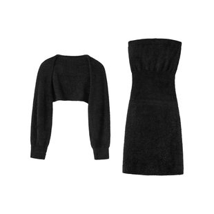 韩雨嘉纯欲连身袖抹胸裙女秋季仿貂毛外套收腰包臀连衣裙两件套