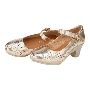 金色真皮跳舞鞋广场舞蹈鞋交际舞水兵舞中高跟春秋夏粗跟透气女鞋