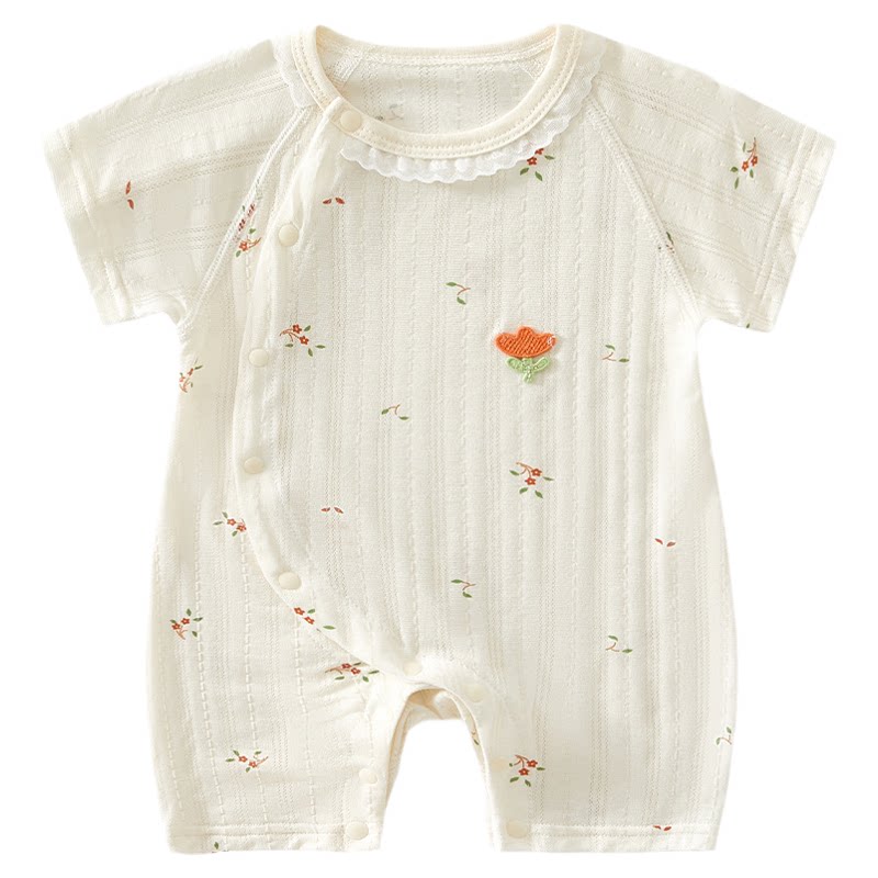 婴儿衣服夏季薄款新生婴幼儿睡衣女宝宝空调服短袖提花夏日连体衣