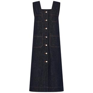 曼德诗100%棉牛仔裙2025秋季新款时尚复古直筒连衣裙工装背带裙女