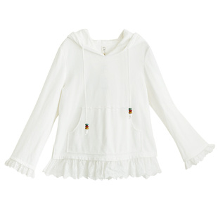 【一茉清茶】连帽卫衣女拼接温柔精棉刺绣花边秋冬季白色套头上衣