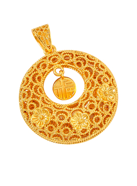 古法沙金花丝镂空福字项链成品