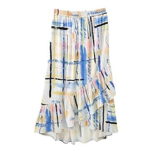 糖皮出品 诗酒年华 不对称叠搭荷叶边 夏季涂鸦松紧高腰半身裙