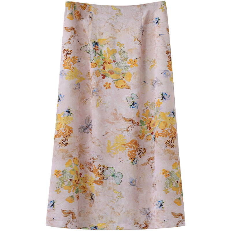 温柔粉蝴蝶碎花高腰A字半身裙