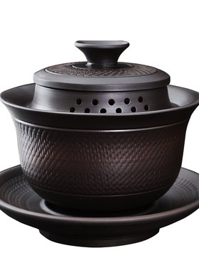 紫陶跳刀三才盖碗泡茶碗三泡台手抓防烫手带盖子高档茶具茶杯家用