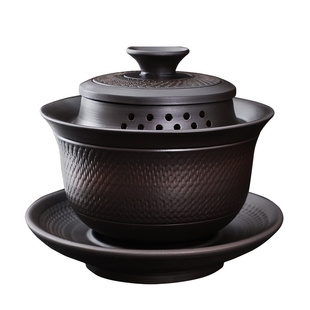 紫陶跳刀三才盖碗泡茶碗三泡台手抓防烫手带盖子高档茶具茶杯家用