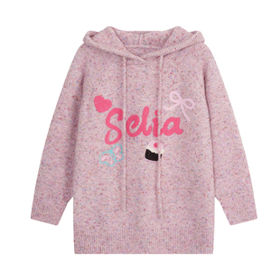 YUZI鱼子连帽花纱毛衣特大码女装粉色宽松落肩袖慵懒俏皮春季胖mm