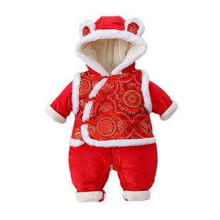 婴儿过年拜年衣服喜庆国粹冬装100码外出宝宝连体衣加绒加厚满月