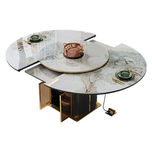 杰格森岩板餐桌家用可变圆桌带电磁炉转盘一体轻奢黑色伸缩折叠桌