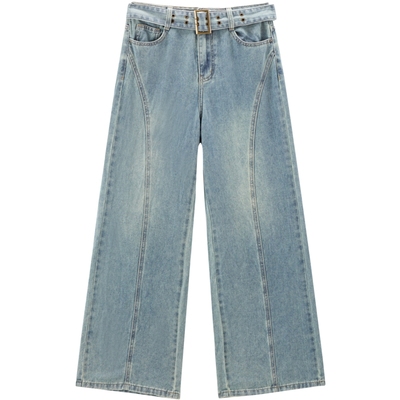 【商场同款】乐町弧线牛仔阔腿裤2024年新款秋季裤子女C2HAE3221