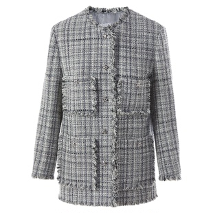 朗姿绵羊毛长款粗花呢流苏短外套女小香风设计感2025年秋季新款