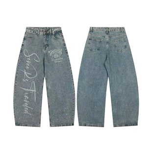 美式复古字母印花牛仔裤男女春秋季新款宽松阔腿裤街头风显瘦长裤