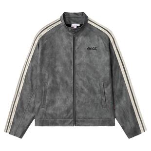 Coca-Cola/可口可乐不对称织带拼接刺绣美式复古机车外套皮衣男女