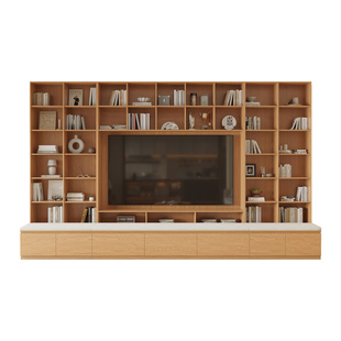 政补实木卡座书柜一体整墙书架橡木色电视柜背景墙客厅落地置物柜