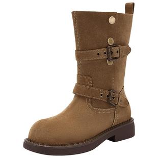 热风棕色西部靴女2025年冬季新款中筒复古休闲靴百搭时装靴子女鞋