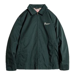 马登工装美式复古刺绣教练夹克翻领墨绿色纯棉重磅长袖外套男春