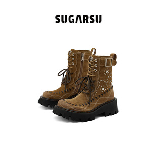 谢可寅同款|SUGARSU酥履秋冬新款复古游牧真皮马丁厚底短靴女