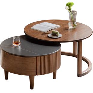 源氏木语实木组合茶几现代简约客厅圆几黑胡桃木小户型岩板茶台