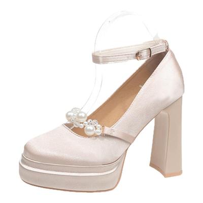 防水台香槟色玛丽珍婚鞋2025春季新款缎面法式高跟鞋粗跟女不累脚