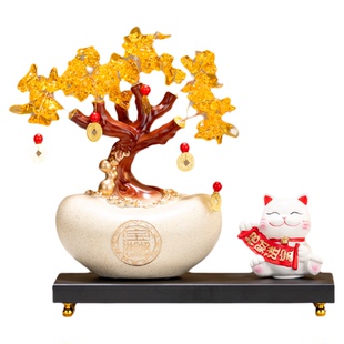 家用旺宅招财猫摇钱树新中式客厅摆件高端大气上档次博古架装饰品