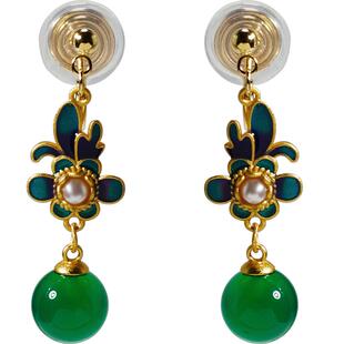 无耳洞国潮兰花绿玛瑙新中式蚊香盘耳夹复古耳钩耳环女古法耳饰