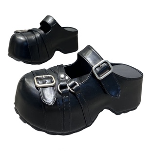 6cm厚底内增高真皮包头半拖鞋女2026新款皮带扣懒人休闲勃肯鞋女