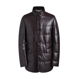 callisto卡利斯特男秋冬羊皮革立领简洁保暖白鸭绒酒红色羽绒皮衣