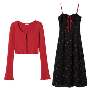 织物猪 盛夏玫瑰 法式碎花吊带连衣裙女小个子短裙开衫外套两件套