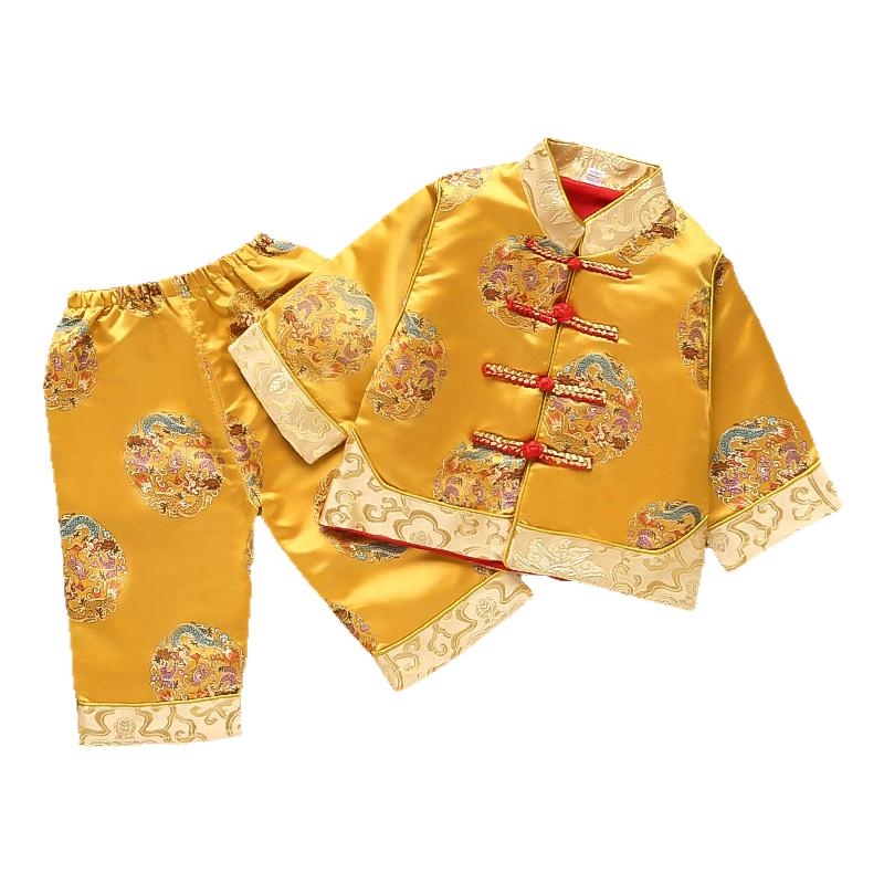 男童唐裝中國(guó)風(fēng)黃色生日禮服周歲寶寶套裝春秋嬰兒抓周衣服皇帝裝