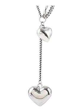 银色大小爱心项链双坠女轻奢潮小众复古简约锁骨链新款复古风