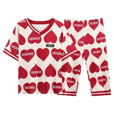 夏季短袖自带胸垫一体睡衣套装女