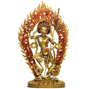 藏村精工铜《狮面空行母》全鎏金雕花室内《空行母》铜像背光摆件