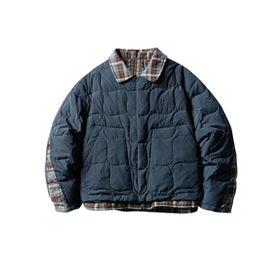 NOEARS冬季复古设计感假两件蓝绿色拼接彩格领绗线翻领撞色羽绒服