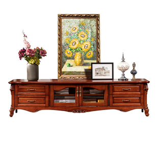 美式乡村实木电视柜茶几组合欧式视听柜储物地柜客厅电视机柜2.2m
