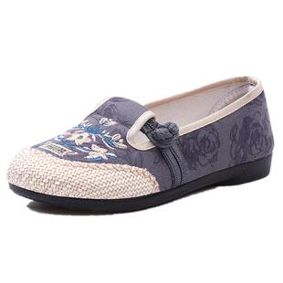 春秋款老北京绣花布鞋女单鞋复古老年妈妈鞋软底刺绣一脚蹬平底鞋