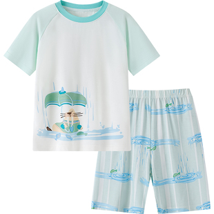 英氏莫代尔儿童睡衣男童夏季短袖短裤男孩薄款空调服2026新款套装