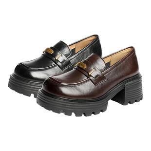 森达厚底乐福鞋女鞋2025新款秋季棕色英伦风松糕粗跟增高黑色单鞋