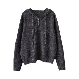 秋冬连帽纽扣设计感针织衫高级黑灰色韩系软糯毛衣内搭打底衫女