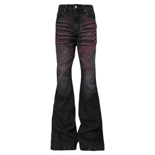 DETW 25AW*《血爪》原创重工水洗红立体压褶猫须铆钉微喇牛仔裤