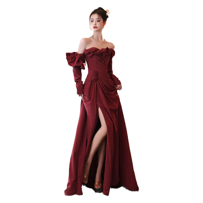 订婚礼服2025新款高级感小拖尾长袖一字肩成人礼主持人新娘敬酒服