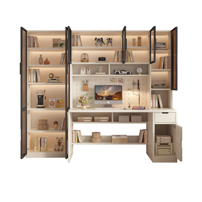 双人书桌书架一体电脑桌奶油风家用卧室学生学习写字桌台式办公桌