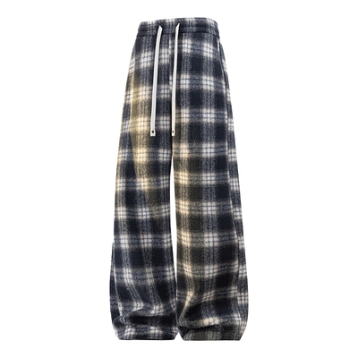 VIISHOW毛呢格子裤男秋冬季宽松直筒加绒加厚慵懒风阔腿休闲裤子
