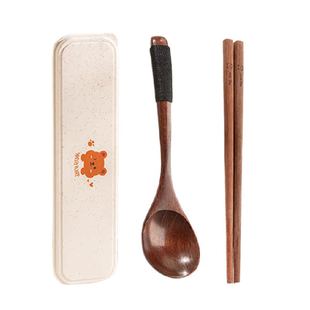 广意木质餐具套装一人用轻奢防霉便捷餐具野餐外带勺子筷子收纳盒