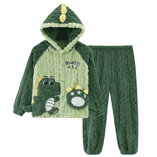 儿童珊瑚绒睡衣男童秋冬季2025新款加厚款法兰绒恐龙小男孩家居服