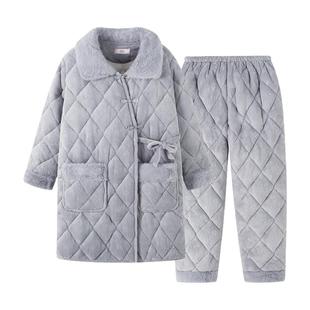 冬女士中长款睡衣三层夹棉加厚加绒保暖内衣长袍珊瑚绒家居服套装