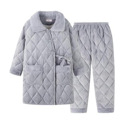 女士中长款三层夹棉加厚加绒睡衣