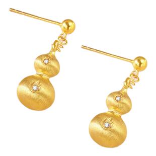 【新品】诗普琳 黄18K金福禄葫芦镶嵌锆石耳钉 耳饰女友礼物