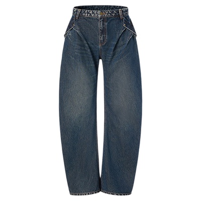 LEDIM WANG复古做旧低腰弯刀牛仔裤女2025秋冬新款百搭长裤