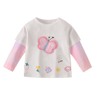 [7A抑菌]女童早春假两件长袖t恤儿童甜美蝴蝶圆领上衣宝宝1春装女
